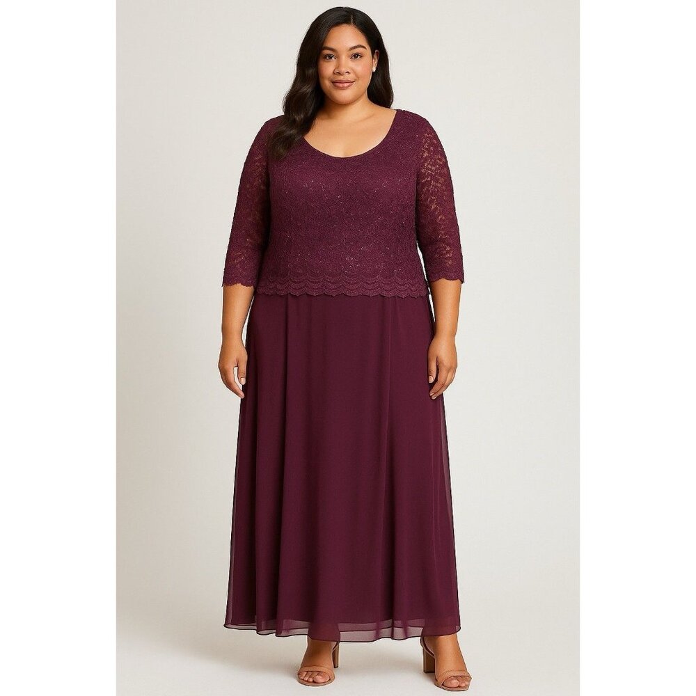 Alex Evenings Plum Lace Bodice Chiffon A-Line Gown